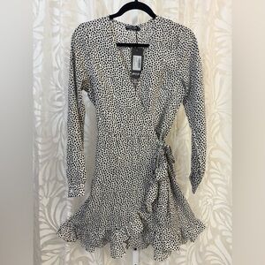 Nasty Gal White and Black Polka Dot Long Sleeve Wrap Dress
